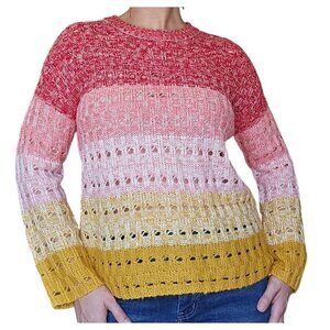 NWT Isela Boho Striped Knit Pink Mustard Yellow Ombre Sweater Women's Size Large